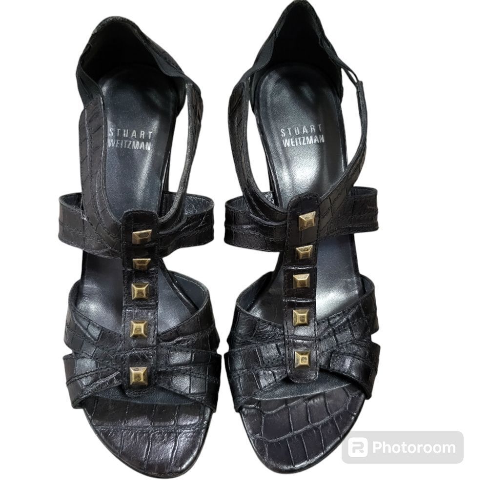 Stuart Weitzman Black Snake Print Studded Leather… - image 1